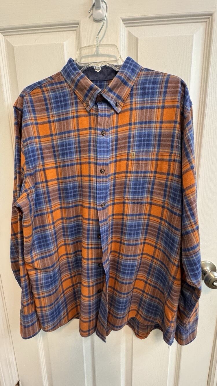 Izod Men’s XL Blue Orange Flannel Button Shirt Button Down Collar Long Sleeve